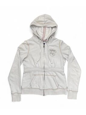 Y2K 2000s American Eagle White/Cream Zip Up Hoodie With Sparkly Gold Logos